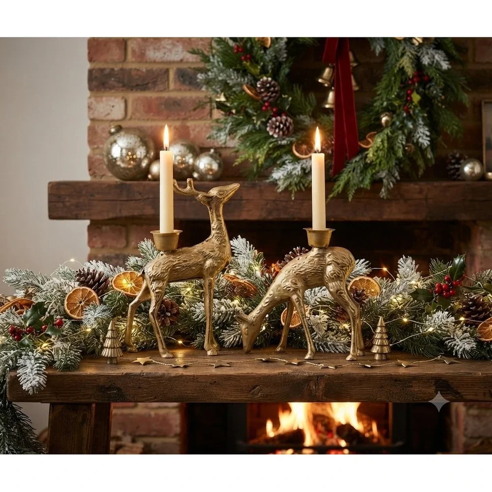 Vintage Brass Deer Candle Holder Set Gold Reindeer Buck Doe Christmas Decor 6in